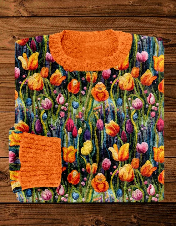 VChics Tulips Flower Embroidery Art Cozy Knit Sweater