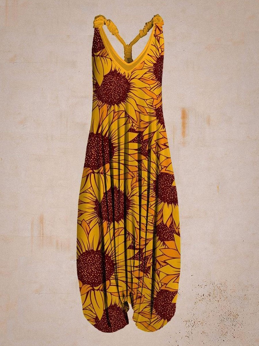 Rotimia Women Vintage Sunflower Sleeveless Harem Jumpsuit