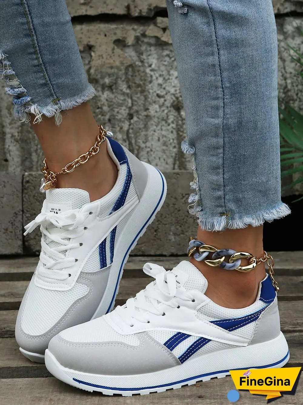 Color Block Sports All Season Split Joint Flat Heel Round Toe Fabric Fabric Lace-Up Sneakers for Women