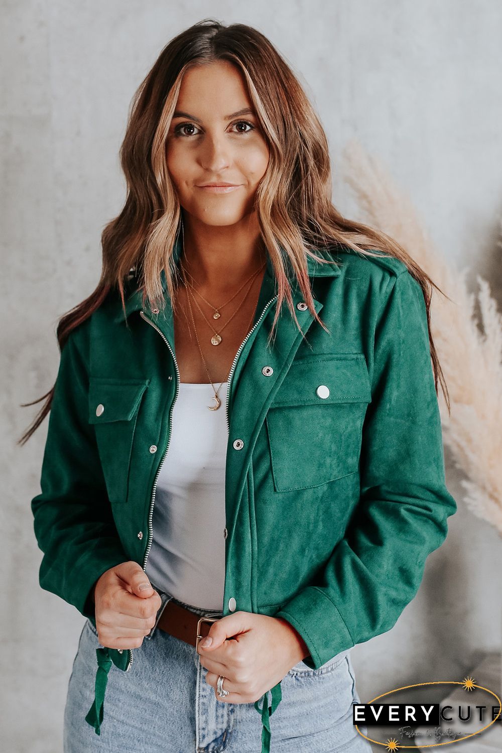 Green Faux Suede Button Down Cropped Jacket