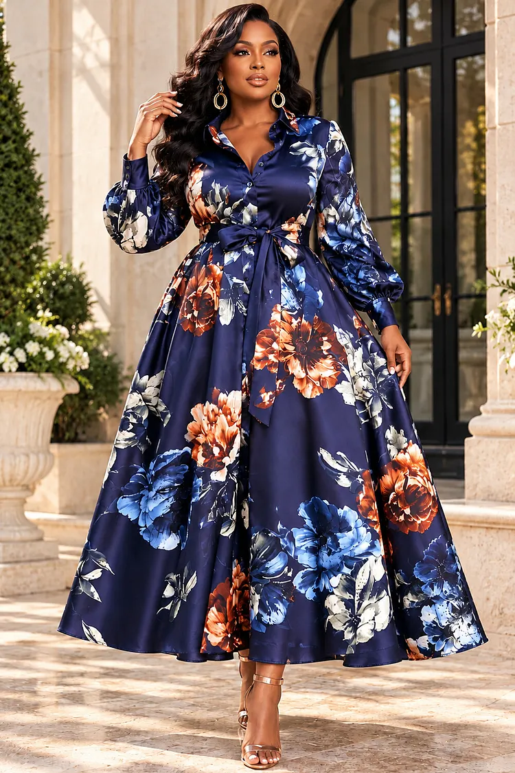 Xpluswear Design Plus Size Churchs Blue Floral Shirt Collar Long Sleeve Pocket Wrap Satin Midi Dresses [Pre-Order] 2024 - Xpluswear