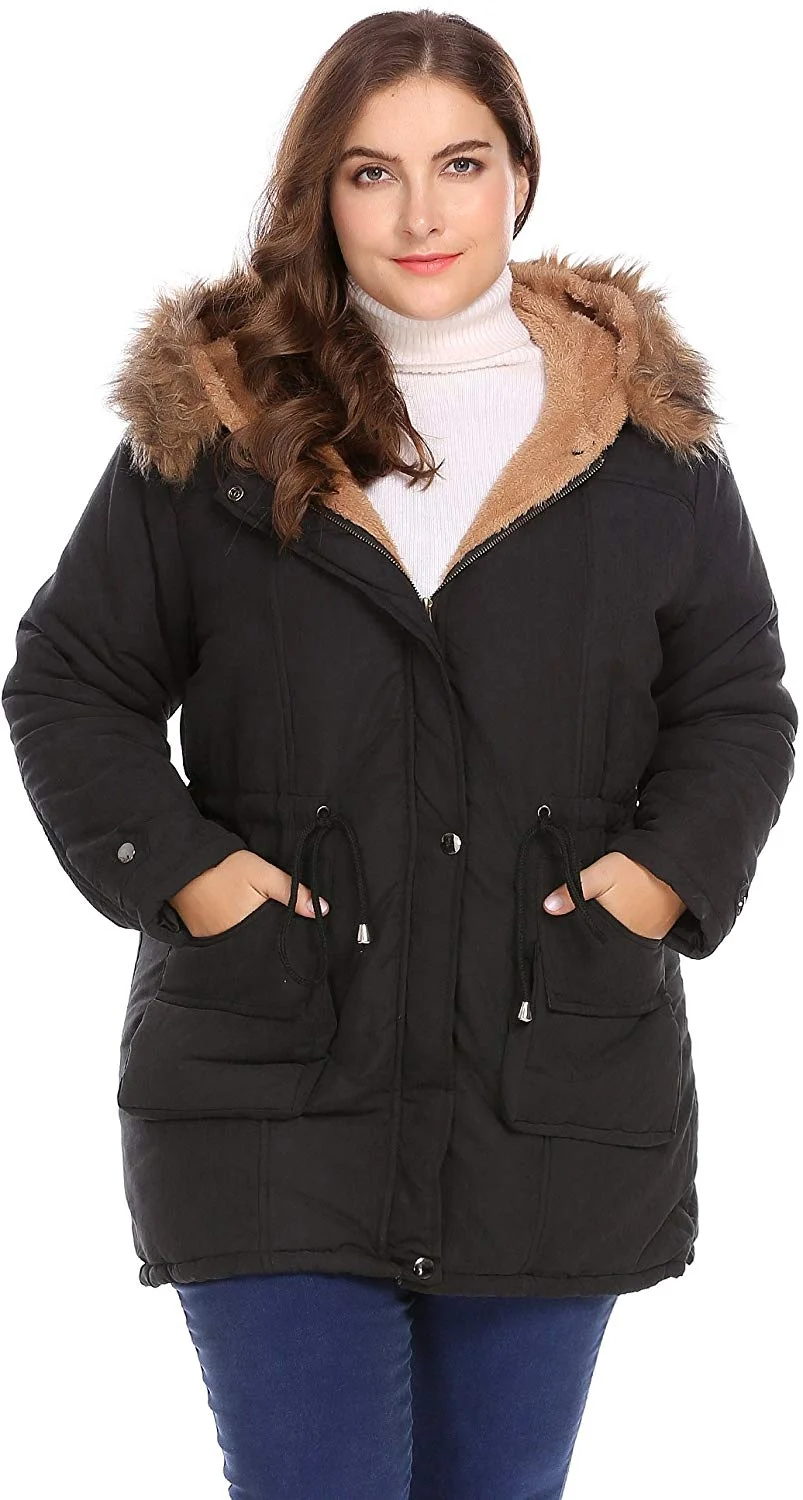 Womens Plus Size Military Hooded Warm Winter Faux Fur Lined Parkas Anroaks Long Coats