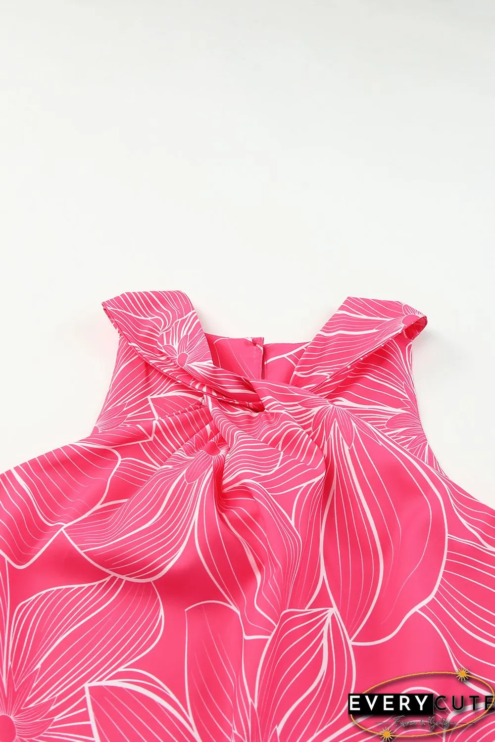 Pink Blooming Floral Printed Twisted Neck Tank Top