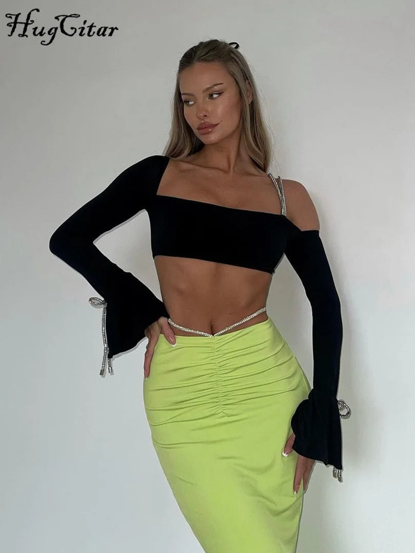 Hugcitar Shine Strings One Shoulder Solid Bandage Sexy Crop Top 2022 Summer Women Fashion Outfits Club Elegant Streetwear Y2K