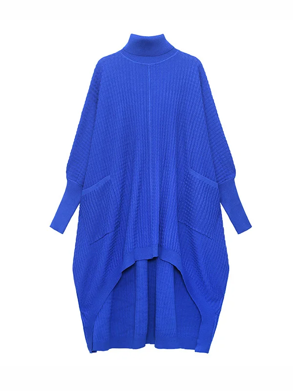 Batwing Sleeves High-Low Pockets Solid Color High-Neck Midi Dresses Sweater Dresses