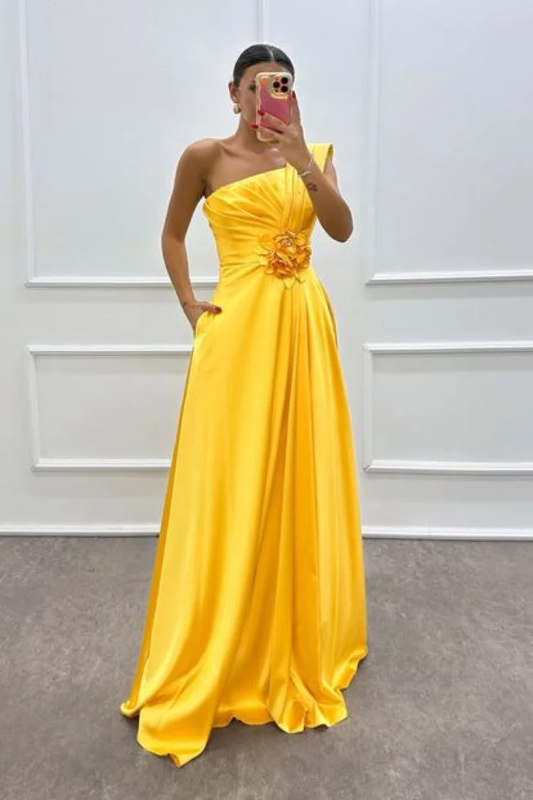 One Shoulder Rose Detail Evening Dress
