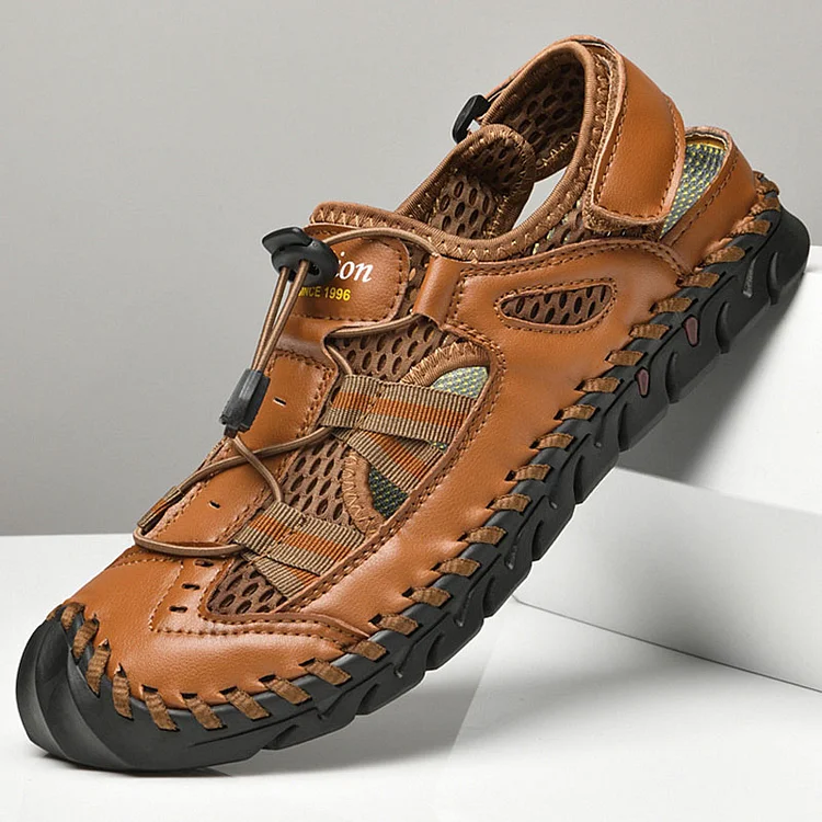 Cut Out Mesh Faux Leather Patchwork Stitching Lace Up Outdoor Casual Sandals