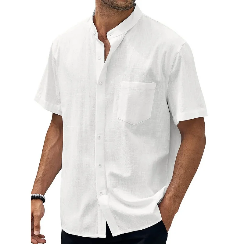 Men's Hawaiian Casual Beach Stand Collar Pocket Short Sleeves Shirt