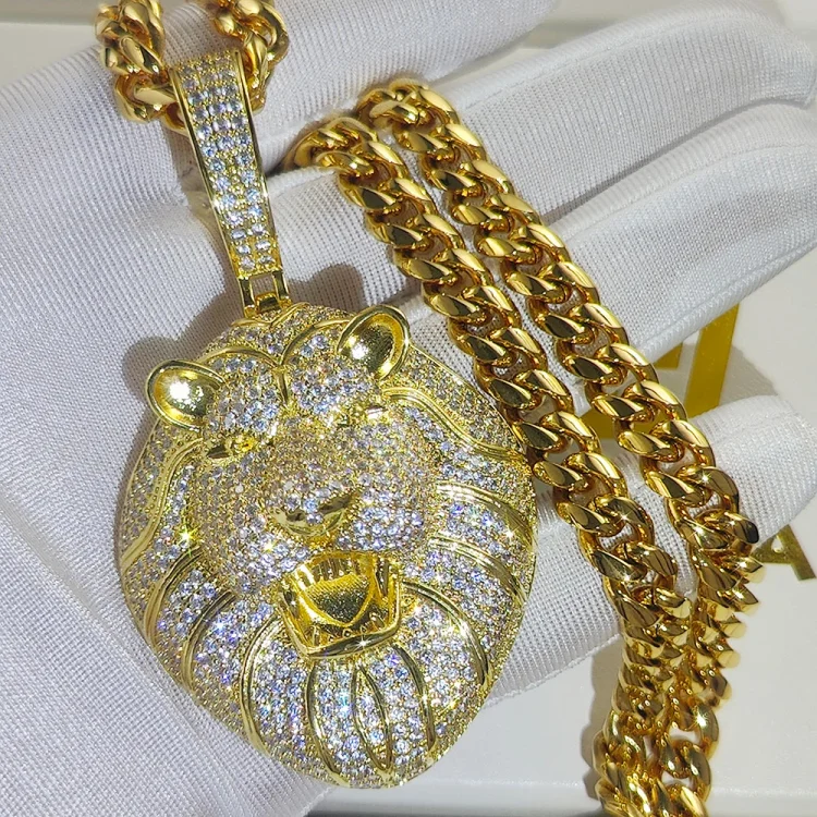 Iced Out 14K Gold Plated Cubic Zircon Lion Head Pendant Necklace