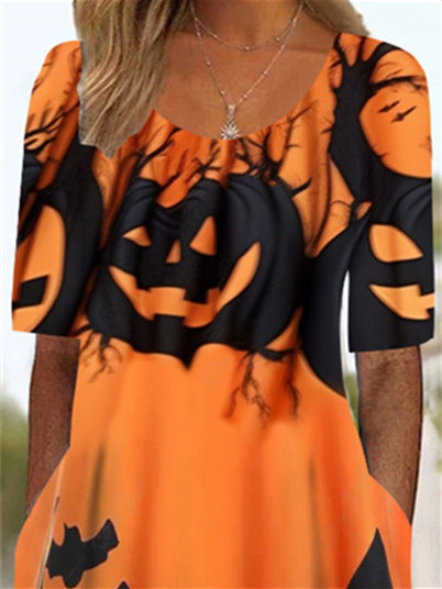 Women's Half Sleeve Scoop Neck Graphic Halloween Pockets Midi Dress