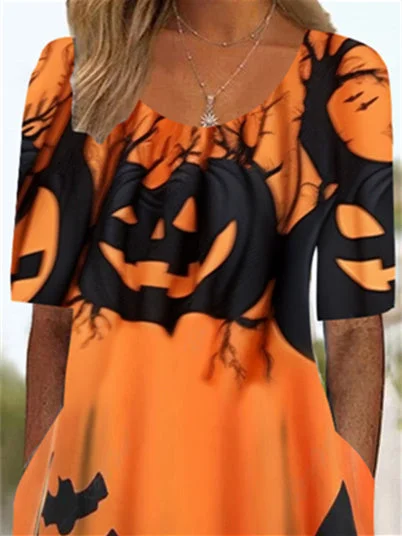 Women's Half Sleeve Scoop Neck Graphic Halloween Pockets Midi Dress