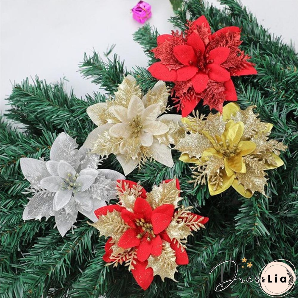 510Pcs Artificial Plastic Christmas Florals Glitter Fake Flowers Merry Tree Decorations