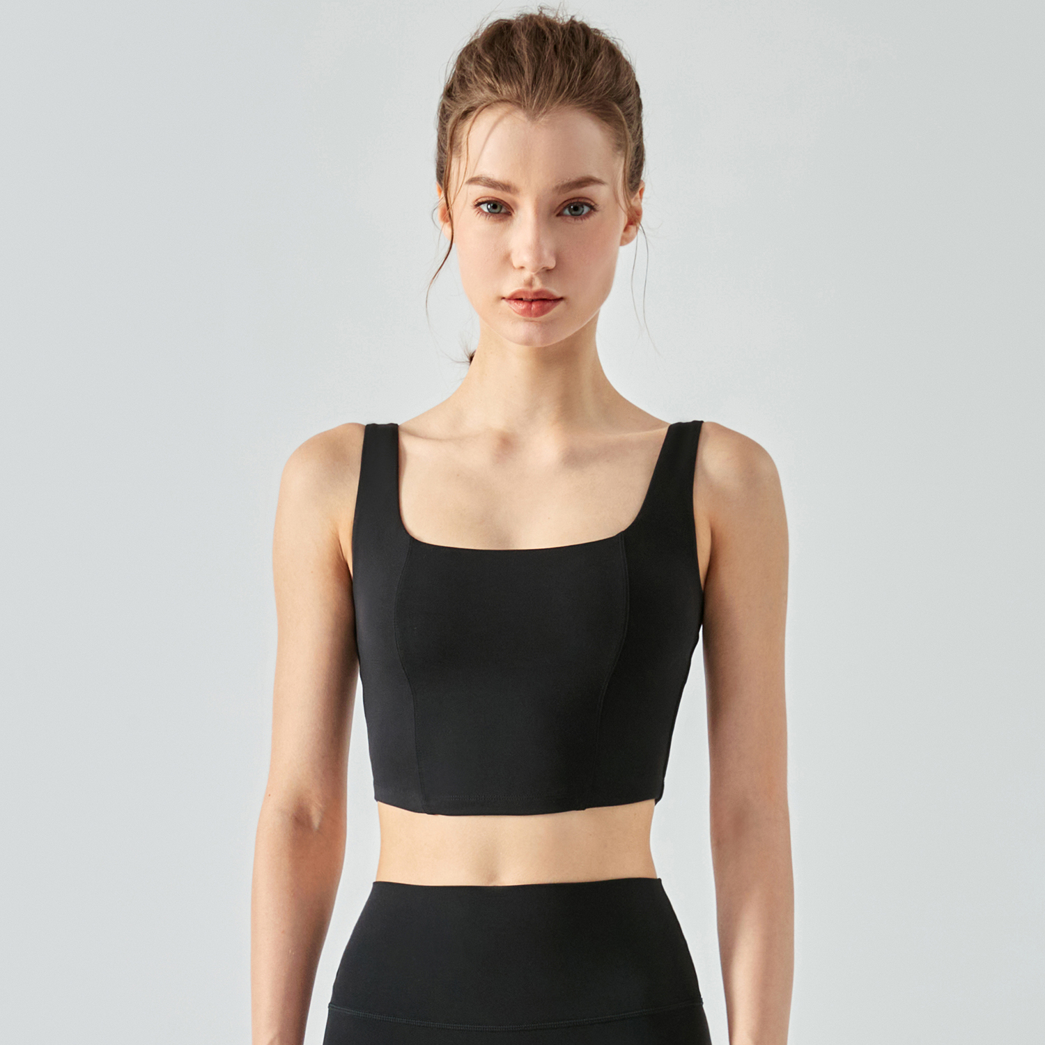 Shop Black ladies fishbone line naked feeling square neck yoga gym sports vest online on Hergymclothing