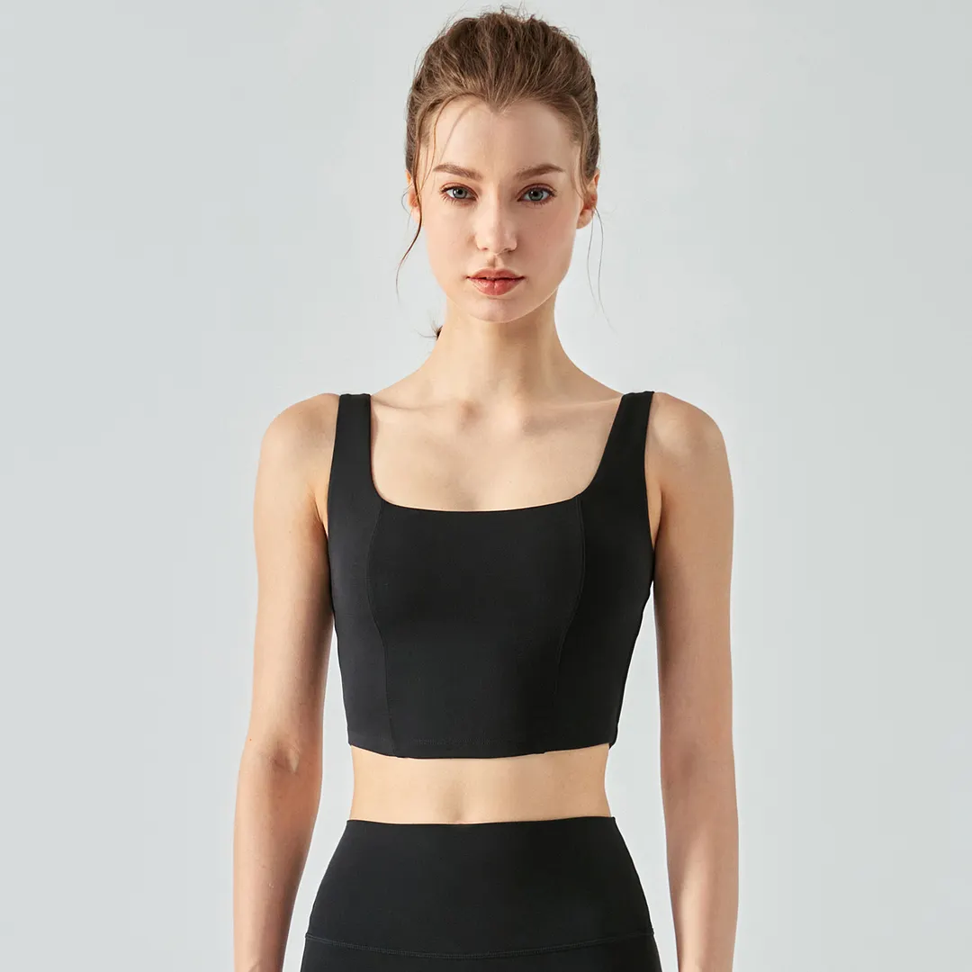 Shop Black ladies fishbone line naked feeling square neck yoga gym sports vest online on Hergymclothing