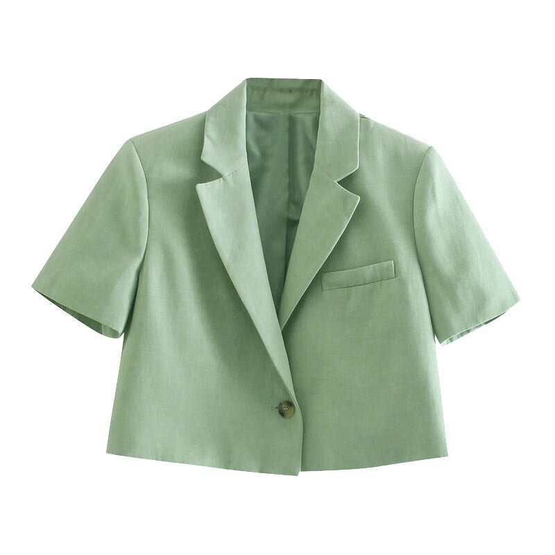 TRAF Women Fashion Single Button Linen Cropped Blazer Vintage Shorts Sleeve Female Outerwear Chic Veste Femme