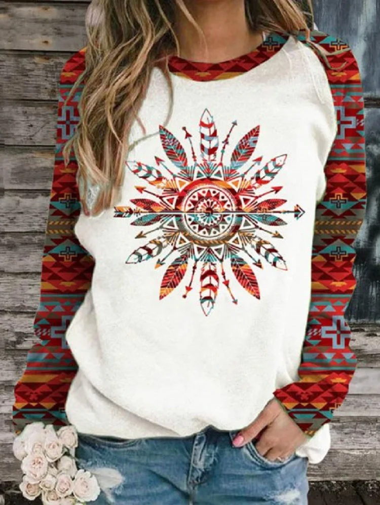 Women's Aztec Africa Feather Enthic Geometric Pattern Crew Neck Long Sleeve T-Shirt