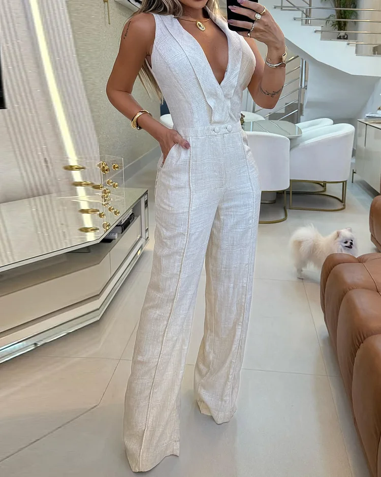 Sleeveless Lapel Waisted Solid Color Jumpsuit