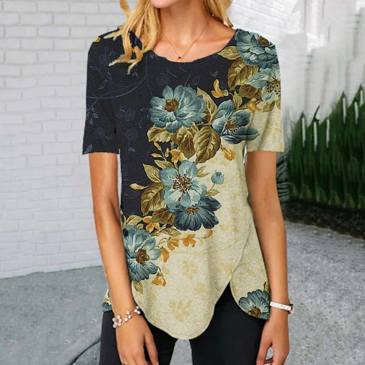 Casual Floral Print Vintage Short Sleeve T-Shirt