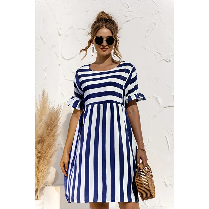 Back to school  Women Elegant Ruffle Sleeve Striped Patchwork A Line Dress 2022 Summer Casual High Waist O Neck Loose Pocket Dress Beach Wear