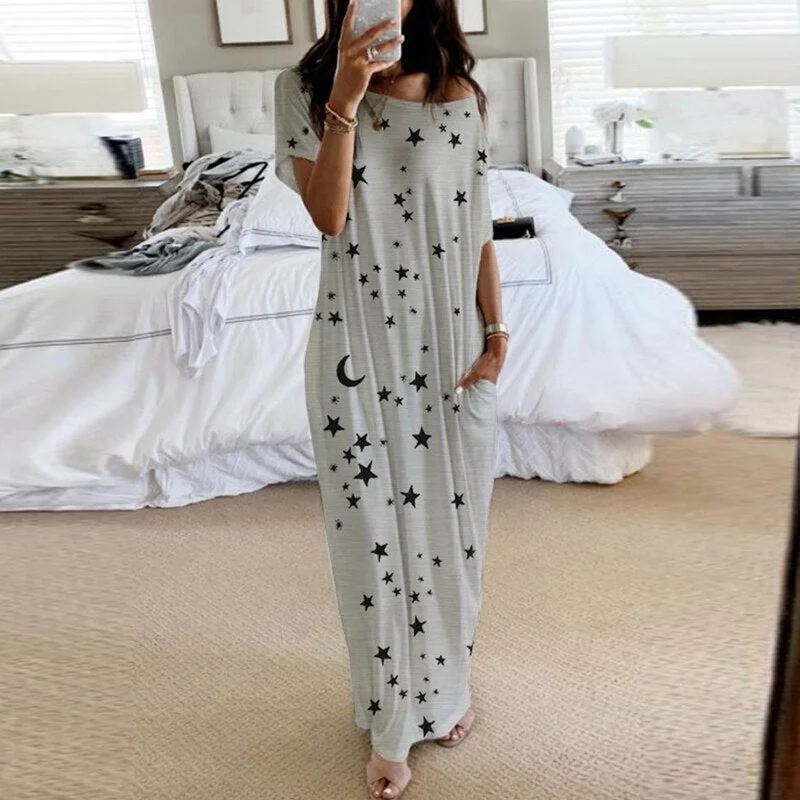 2020 Summer New Fashion Striped Strapless Dress Loose Round Neck Short Sleeve Long Dress Casual Elegant Moon Star Printing Dress