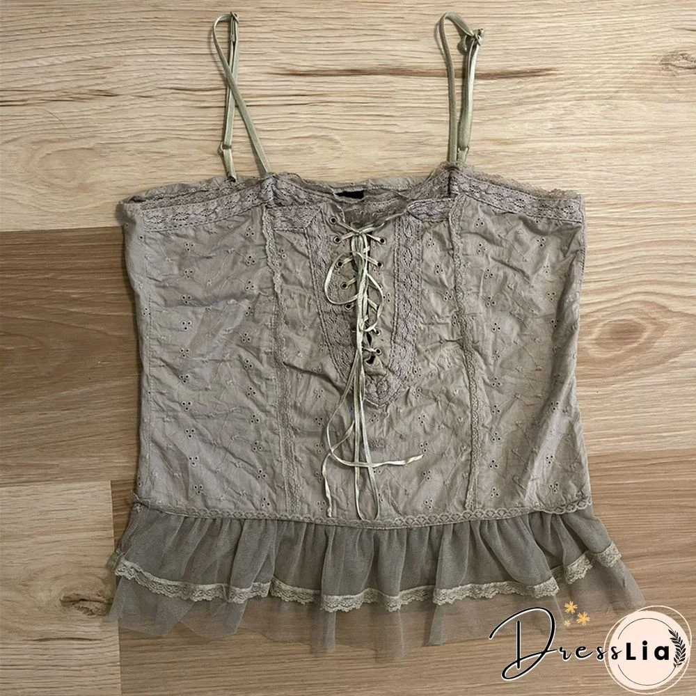 Y2k Vintage Women Fairy Grunge Crop Tops Aesthetic Lace Sleeveless Camis Kawaii Square Neck T Shirt Streetwear