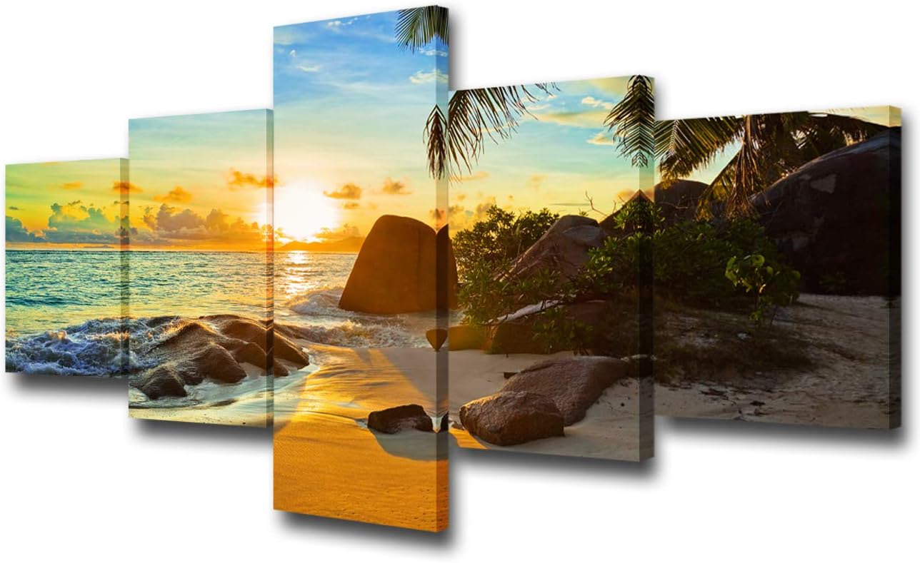 5 Pieces Canvas Art Prints Blue Sea Sunset White Beach Painting The Picture Print On Canvas Beach Seascape Surf In Seychelles Island Wall Art Framed for Living Room Ready to Hang - 50 inch W x 24 inch H 50&#034;W x 24&#034;H