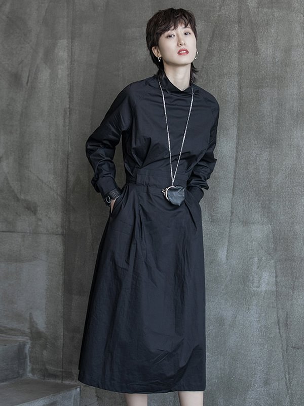Simple Side Pocket Long Sleeves Midi Dress