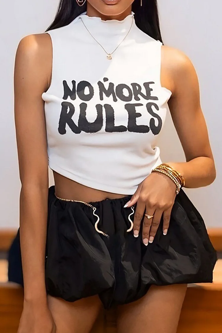 Letter Print High Collar Sleeveless Irregular Crop Top-White