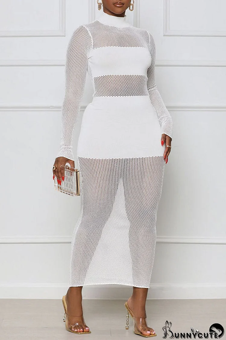 White Sexy Solid Patchwork Half A Turtleneck Pencil Skirt Dresses