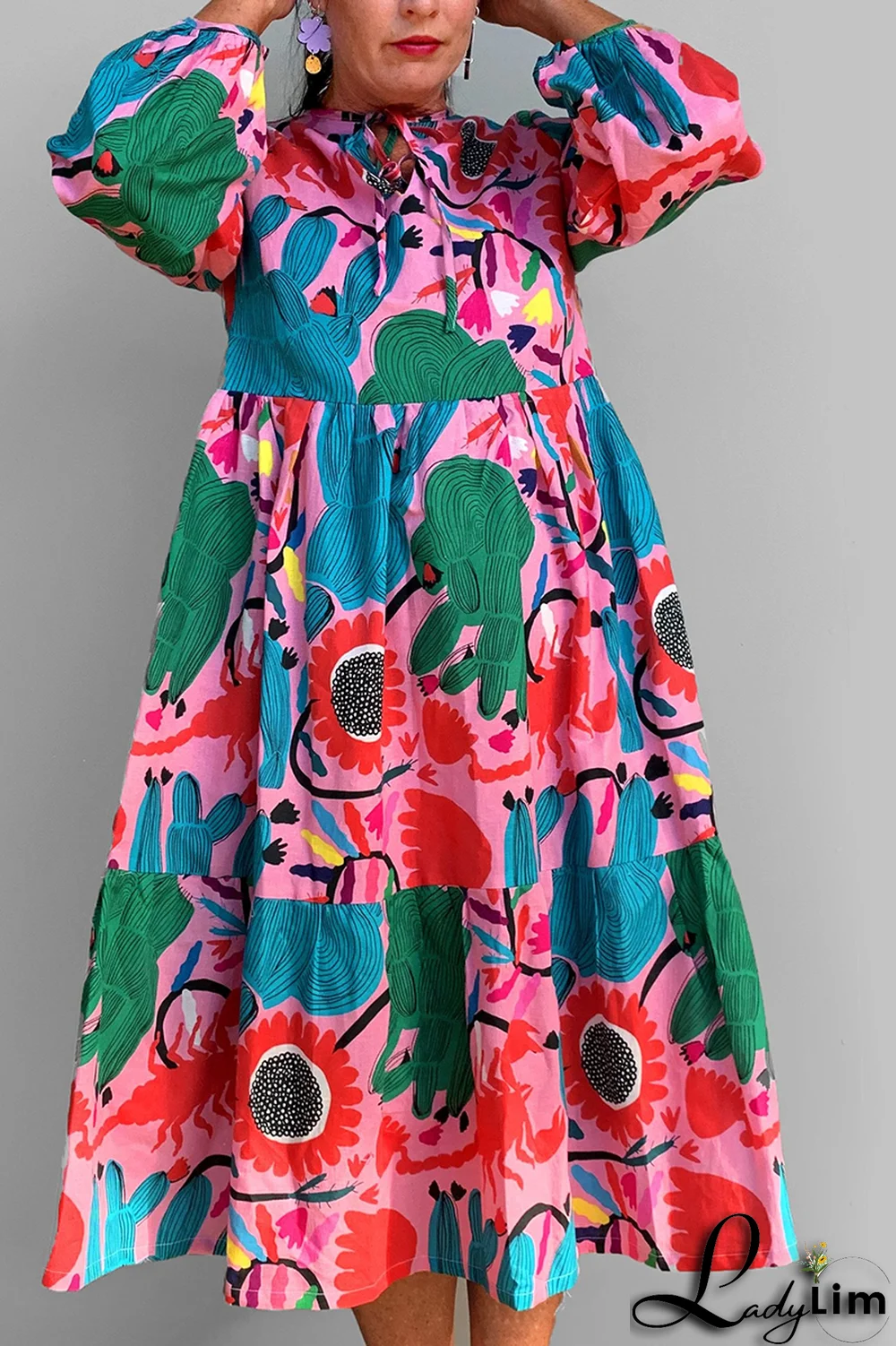 Rose Red Casual Print Draw String O Neck Cake Skirt Dresses