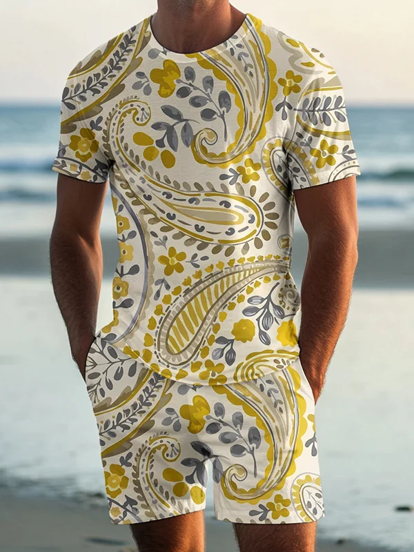 Men's Paisley Watercolor Art Print T-Shirt Shorts Set