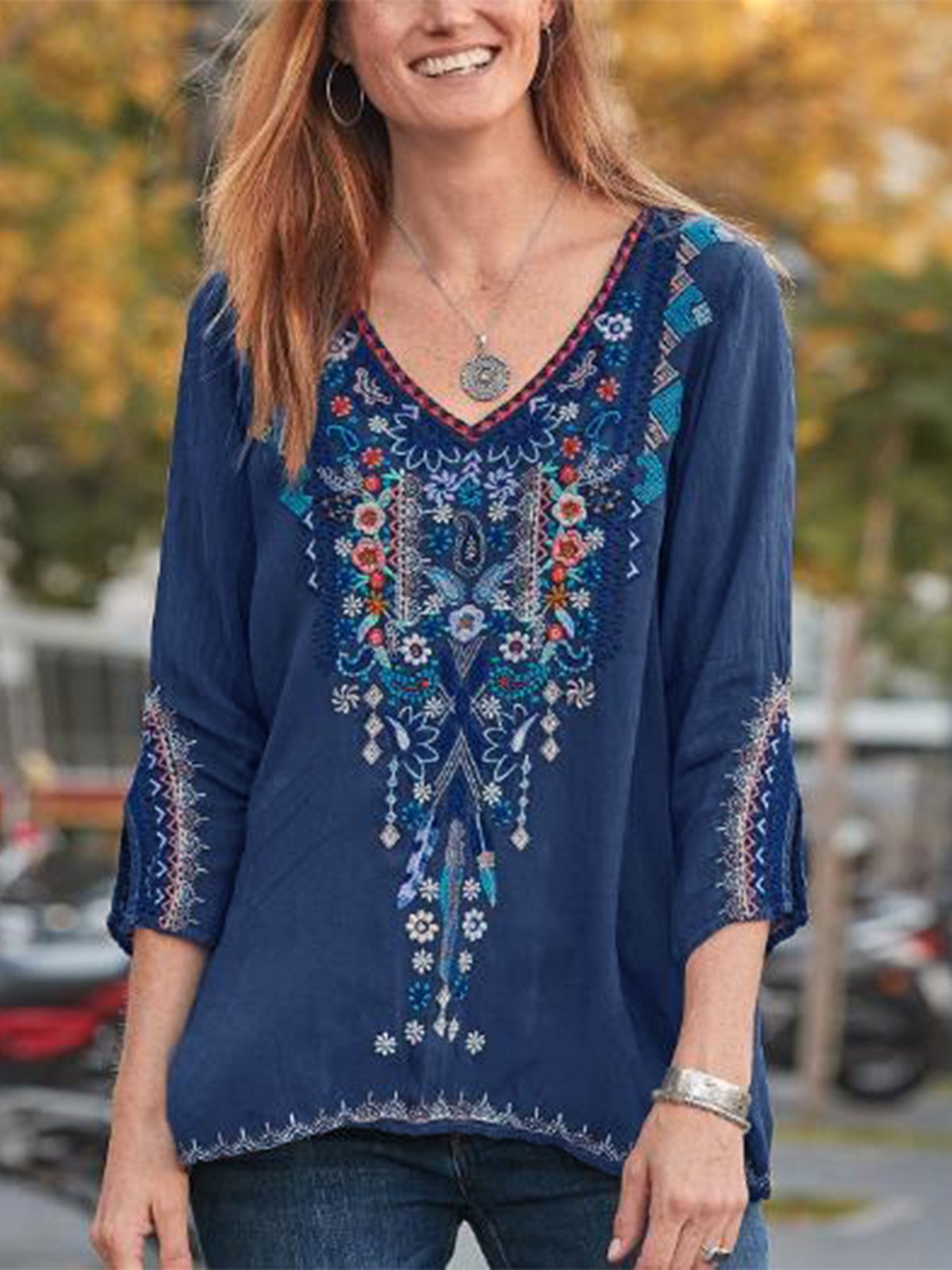 Blouses Women Boho Casual V Neck Long Sleeve Floral Embroidery Blouse Top Loose Shirt