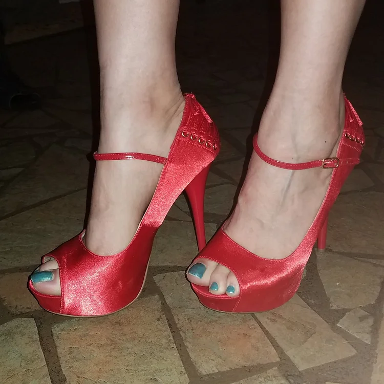 Red Satin Platform Mary Jane Pumps Peep Toe Stiletto Sandal Heel Pumps |FSJ Shoes