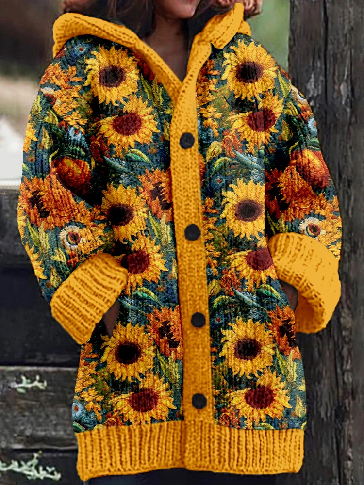 Classic Sunflowers Embroidery Art Cozy Hooded Cardigan