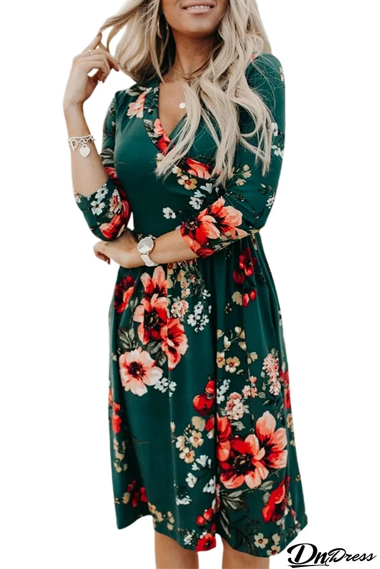 Floral 3/4 Sleeve Wrap Dress