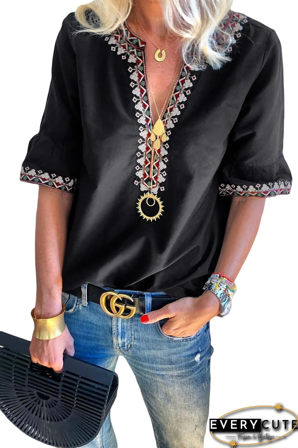 Black Boho Floral V Neck Casual Top