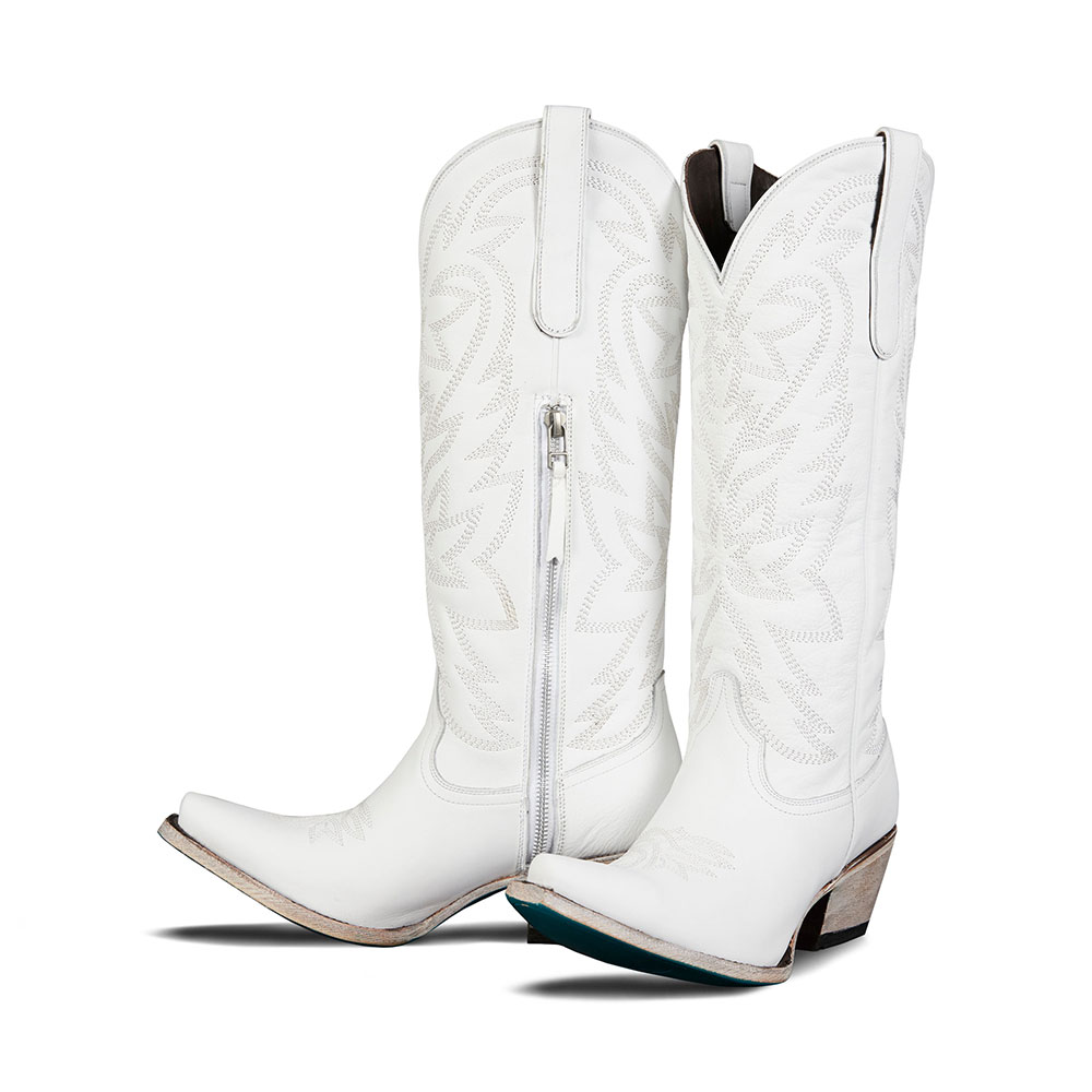 Women's Embroidered Snip Toe Knee-High White Cowboy Boots with Zipper Nicepairs