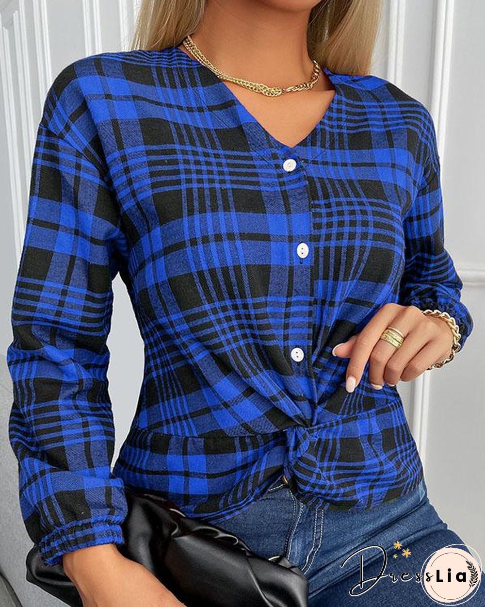 Women Button Plaid V Neck Pullover Shirt