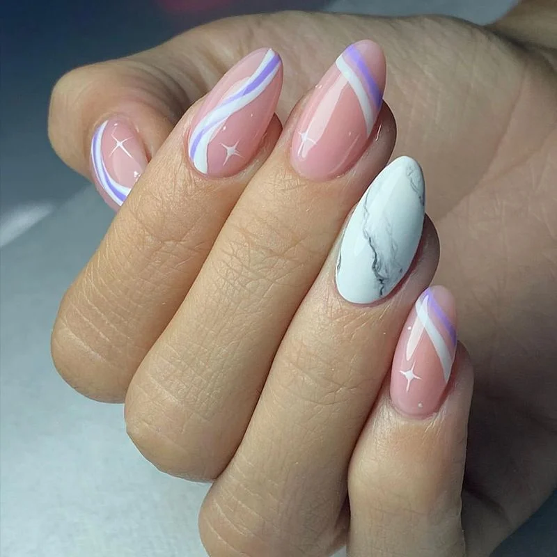Marble Pattern Print Press On Nails with Jelly Double Sided Nail Adhesives 24 pcs