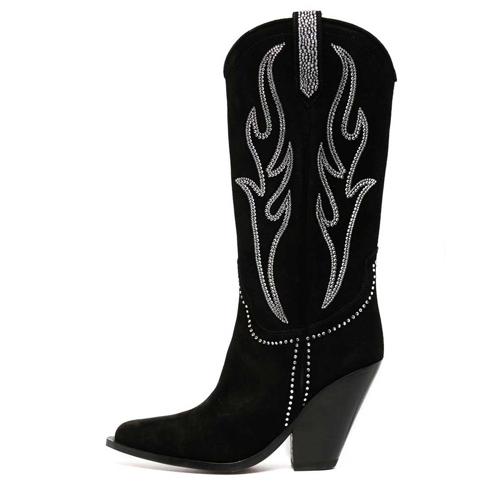 Women's Faux Suede Pointed Rhinestone Embellished Wide Calf Cowgirl Boots    Nicepairs
