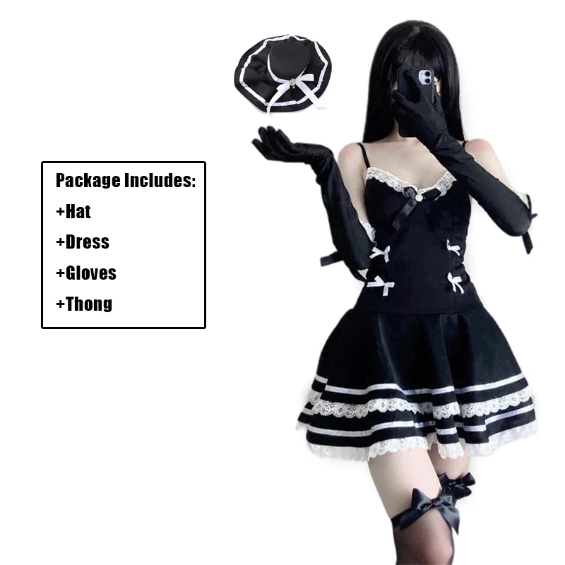 Billionm Sexy Maid Cosplay Costumes Cute Black Dress And Thong Anime Punk School Girl Gothic Outfit For Woman With Hat Gloves New