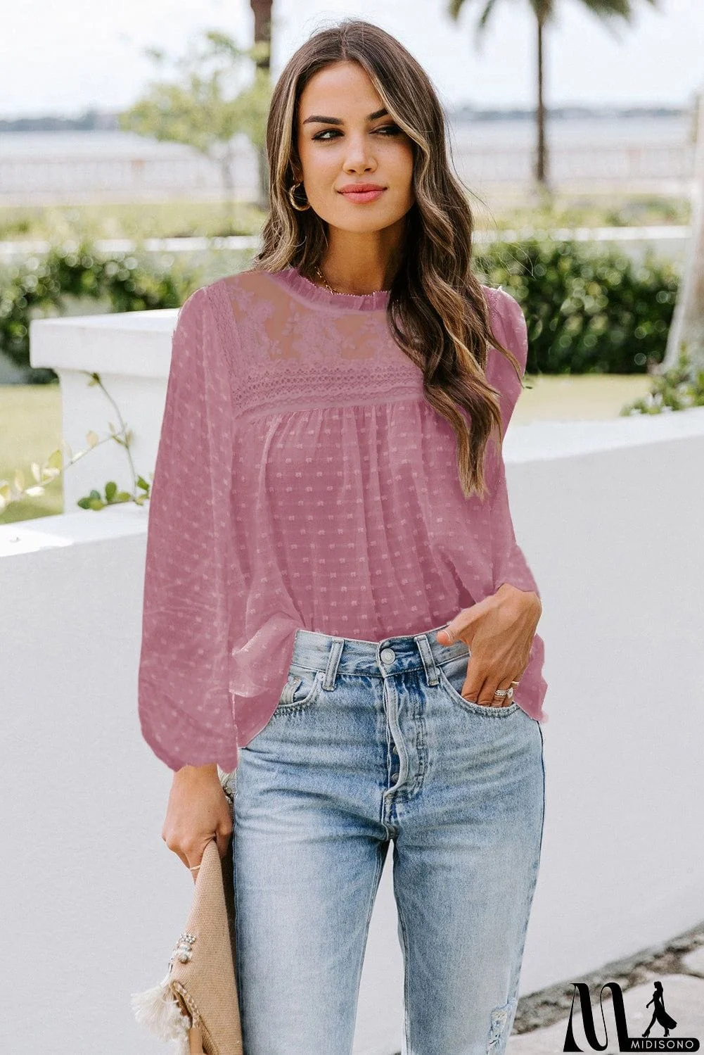 MidiSono - Frill Neck Swiss Dot Puff Sleeve Blouse