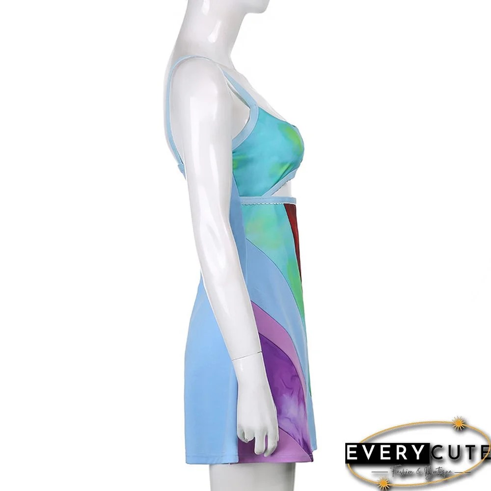 Women Sexy Cutout Colorful Y2K Mini Dress Spaghetti Strap Bodycon Sundress Vintage E-Girl Summer Party Clubwear A-line Dress