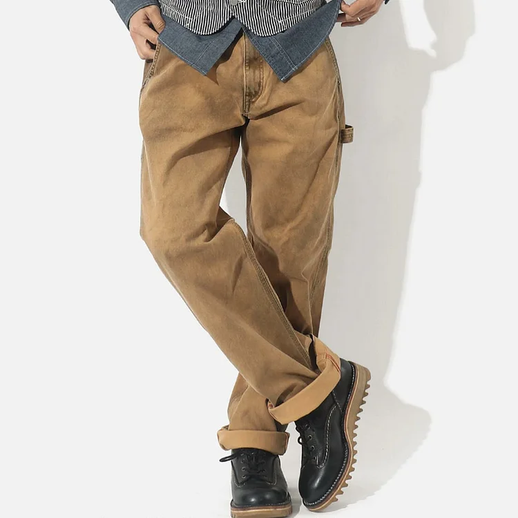 Vintage Distressed Canvas Straight-Leg Lumberjack Pants