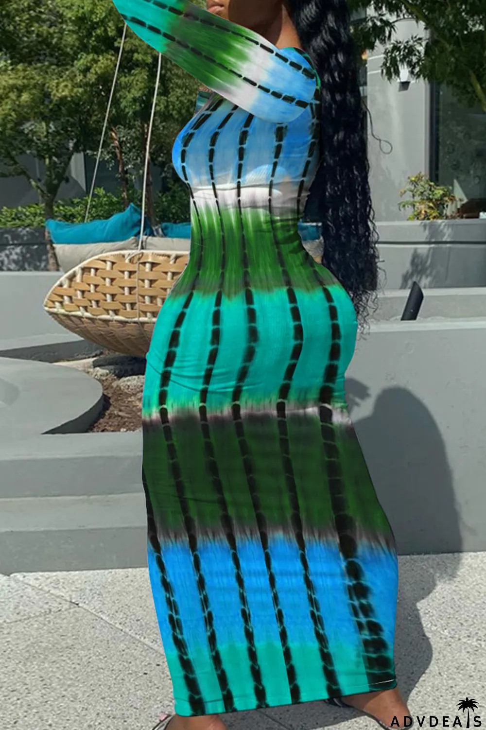 Yellow Casual Print Patchwork U Neck One Step Skirt Dresses