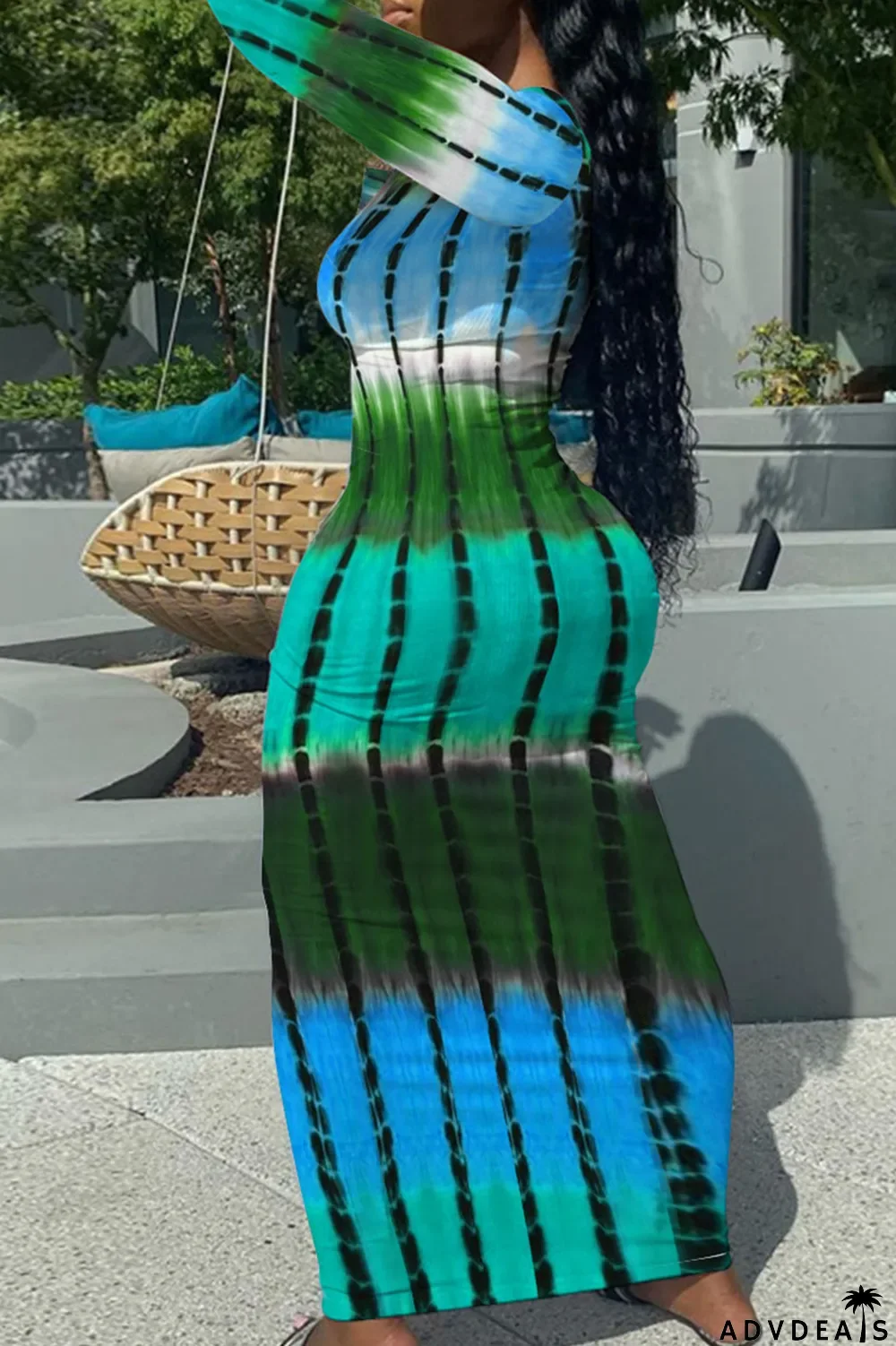 Yellow Casual Print Patchwork U Neck One Step Skirt Dresses