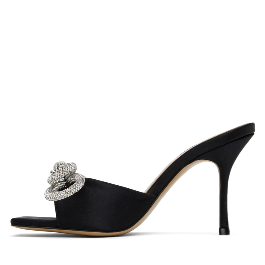 90mm Women's Heeled Sandals Square Open Toe Double Bow Satin Mules Heels Slip on Stilettos