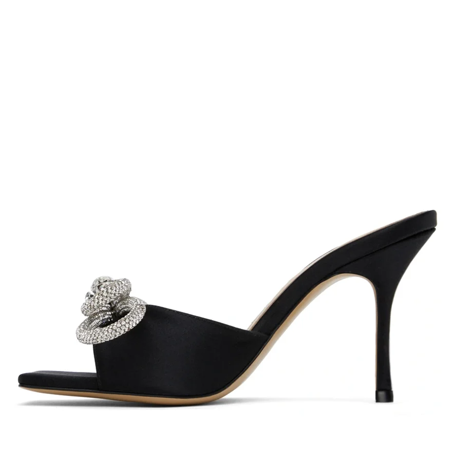 90mm Women's Heeled Sandals Square Open Toe Double Bow Satin Mules Heels Slip on Stilettos