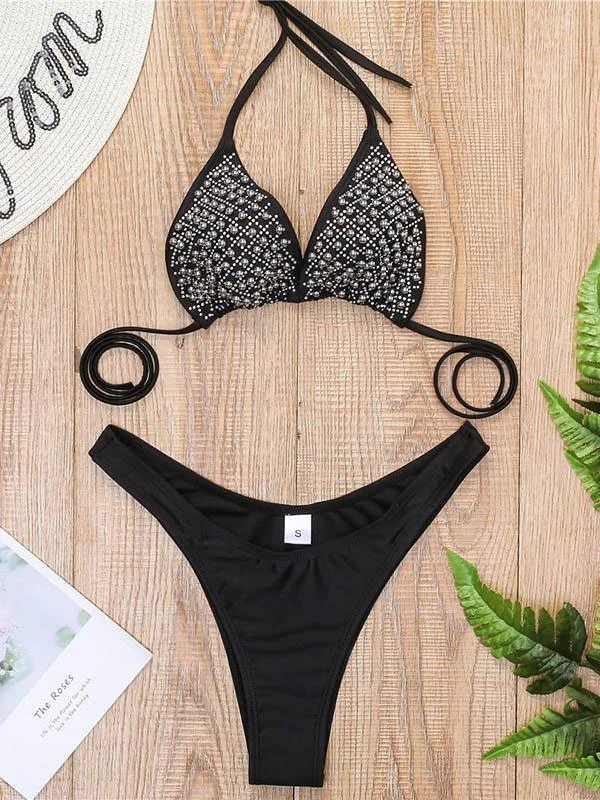 Gorgeous Embellished Triangle Split Bikini Swimsuit