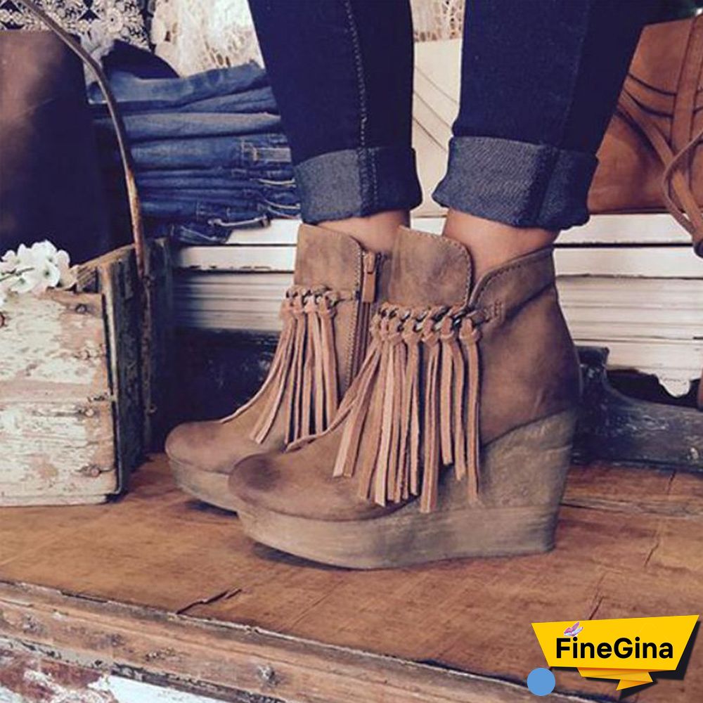Wedge Booties Artificial Leather Tassel Boots Wedge Heel Zipper Shoes